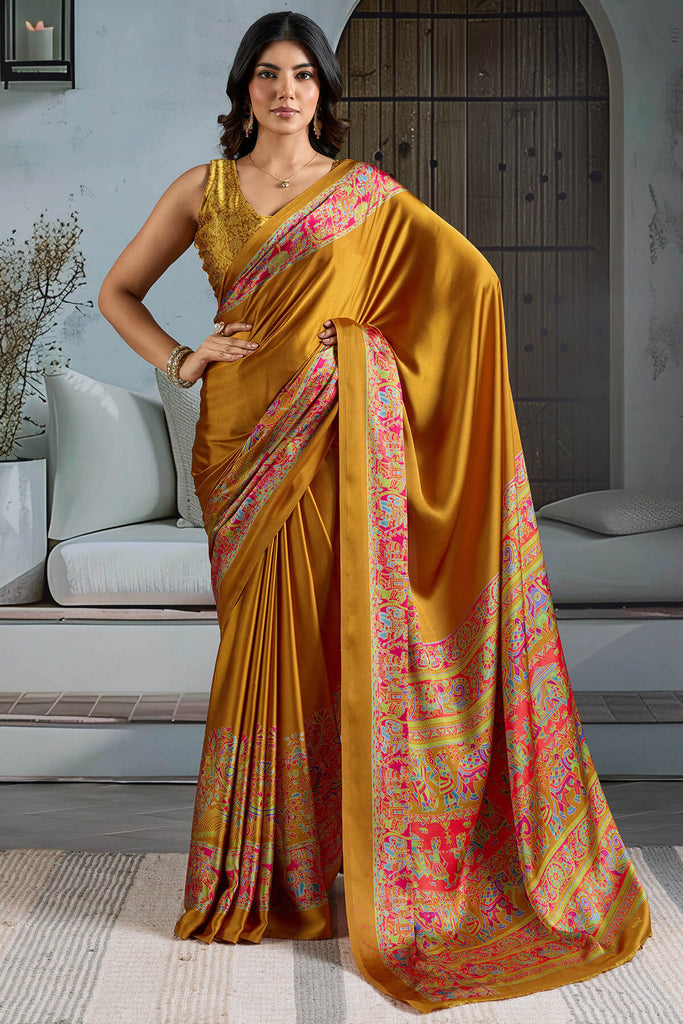 Reef Gold Ajrakh Printed Satin Silk Saree