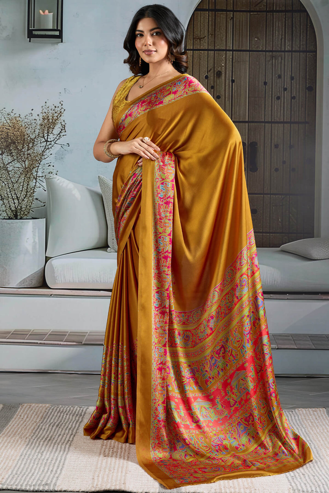 Reef Gold Ajrakh Printed Satin Silk Saree