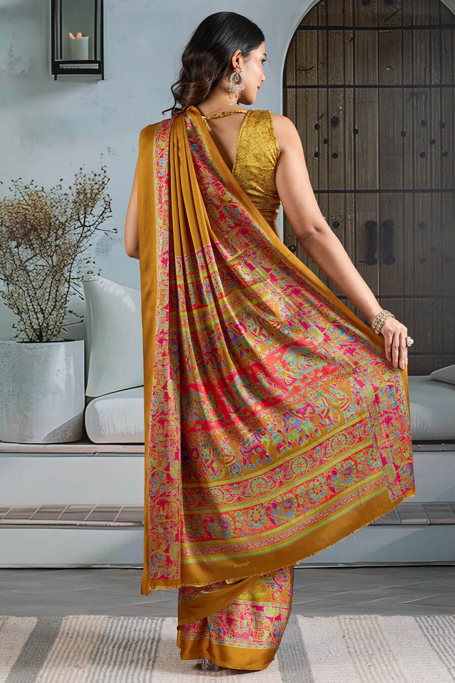 Reef Gold Ajrakh Printed Satin Silk Saree