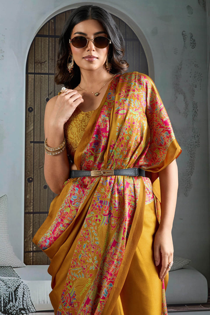 Reef Gold Ajrakh Printed Satin Silk Saree