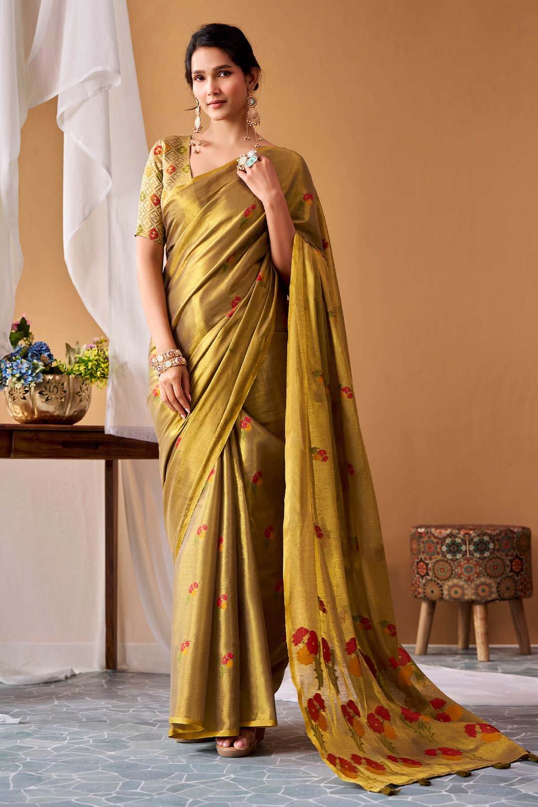 Reef Gold Zari Woven Banarasi Tissue Silk Saree