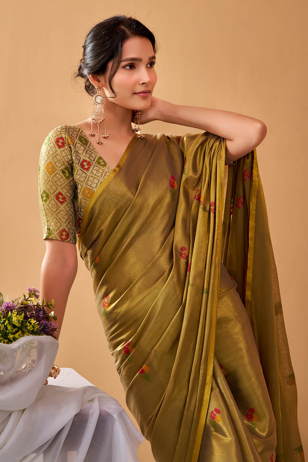Reef Gold Zari Woven Banarasi Tissue Silk Saree