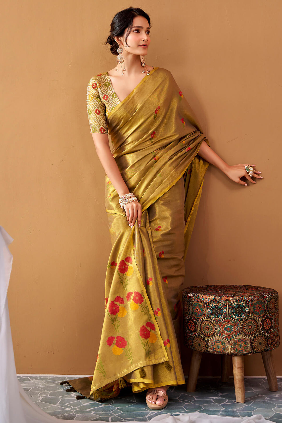 Reef Gold Zari Woven Banarasi Tissue Silk Saree
