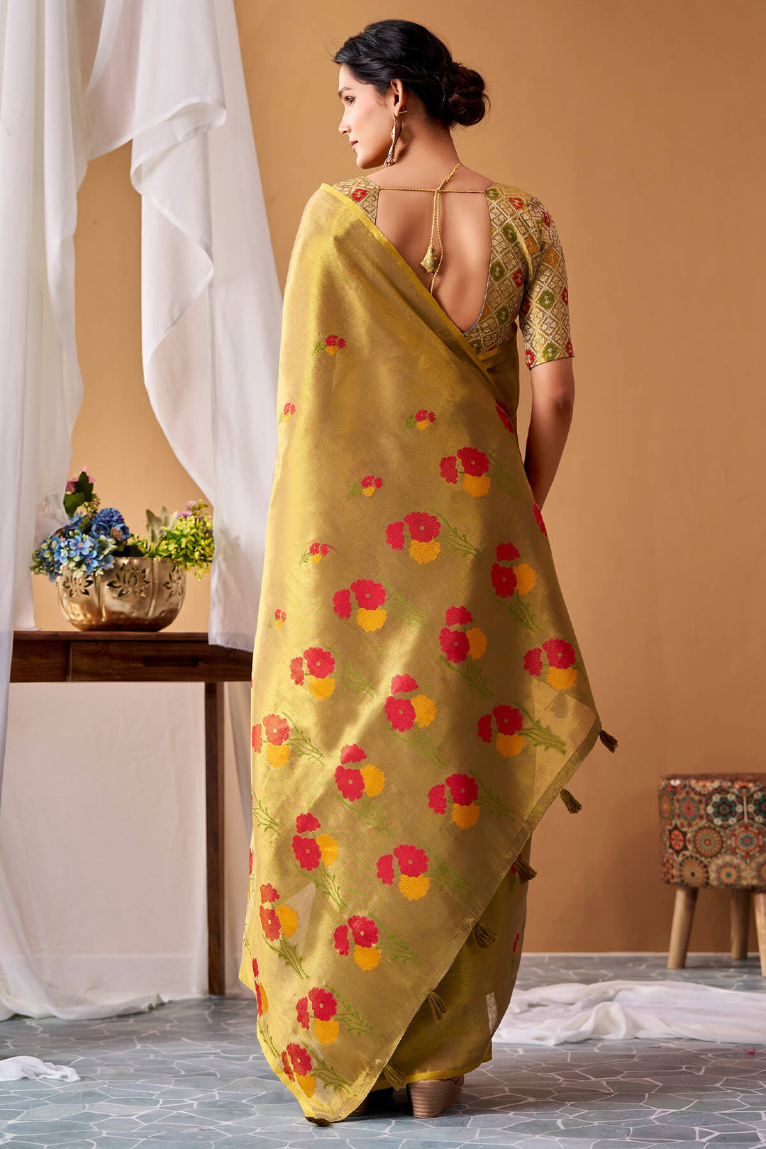 Reef Gold Zari Woven Banarasi Tissue Silk Saree