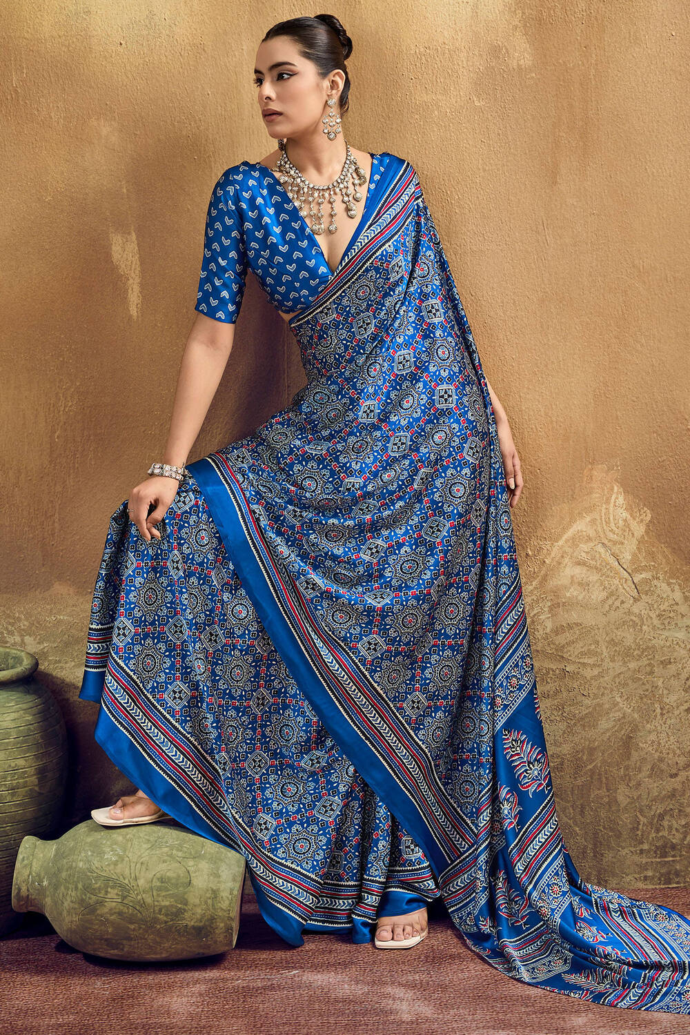 Regal Blue Ajrakh Printed Satin Silk Saree