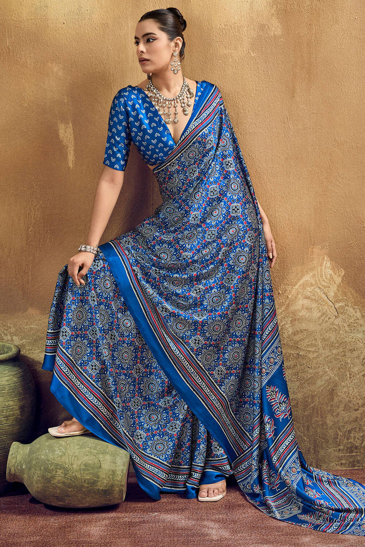 Regal Blue Ajrakh Printed Satin Silk Saree