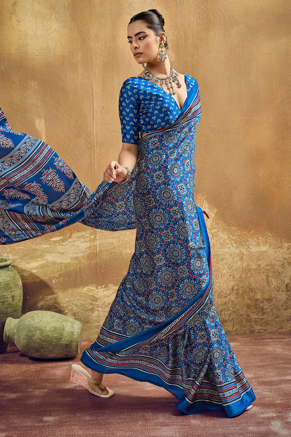Regal Blue Ajrakh Printed Satin Silk Saree