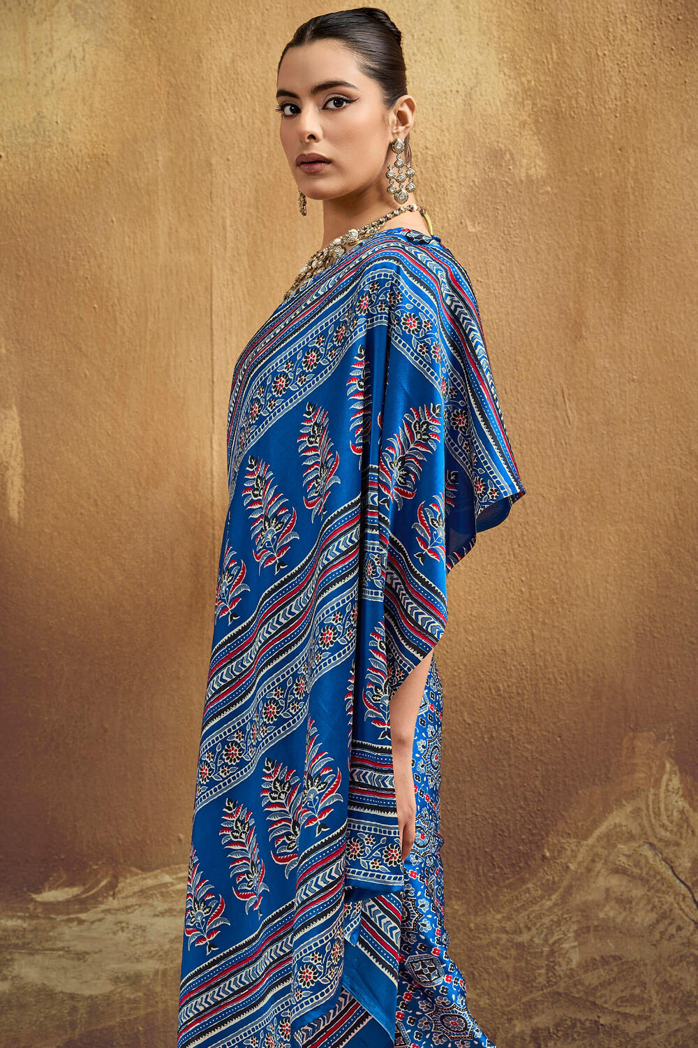 Regal Blue Ajrakh Printed Satin Silk Saree