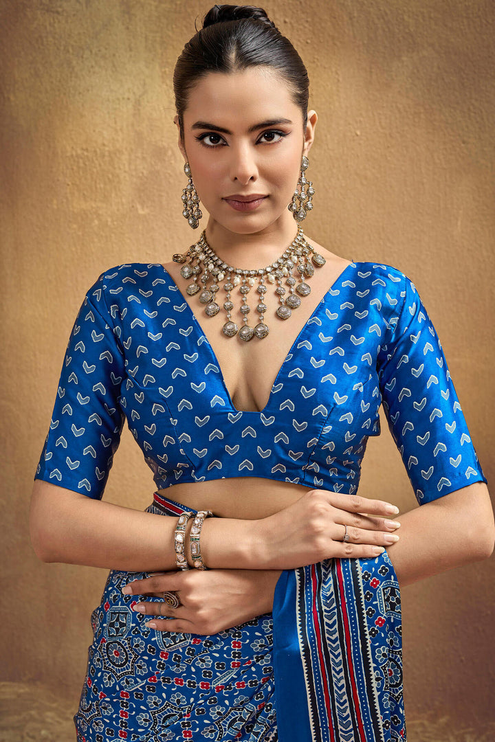 Regal Blue Ajrakh Printed Satin Silk Saree