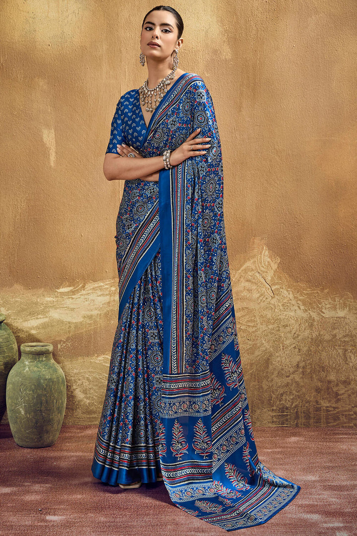 Regal Blue Ajrakh Printed Satin Silk Saree