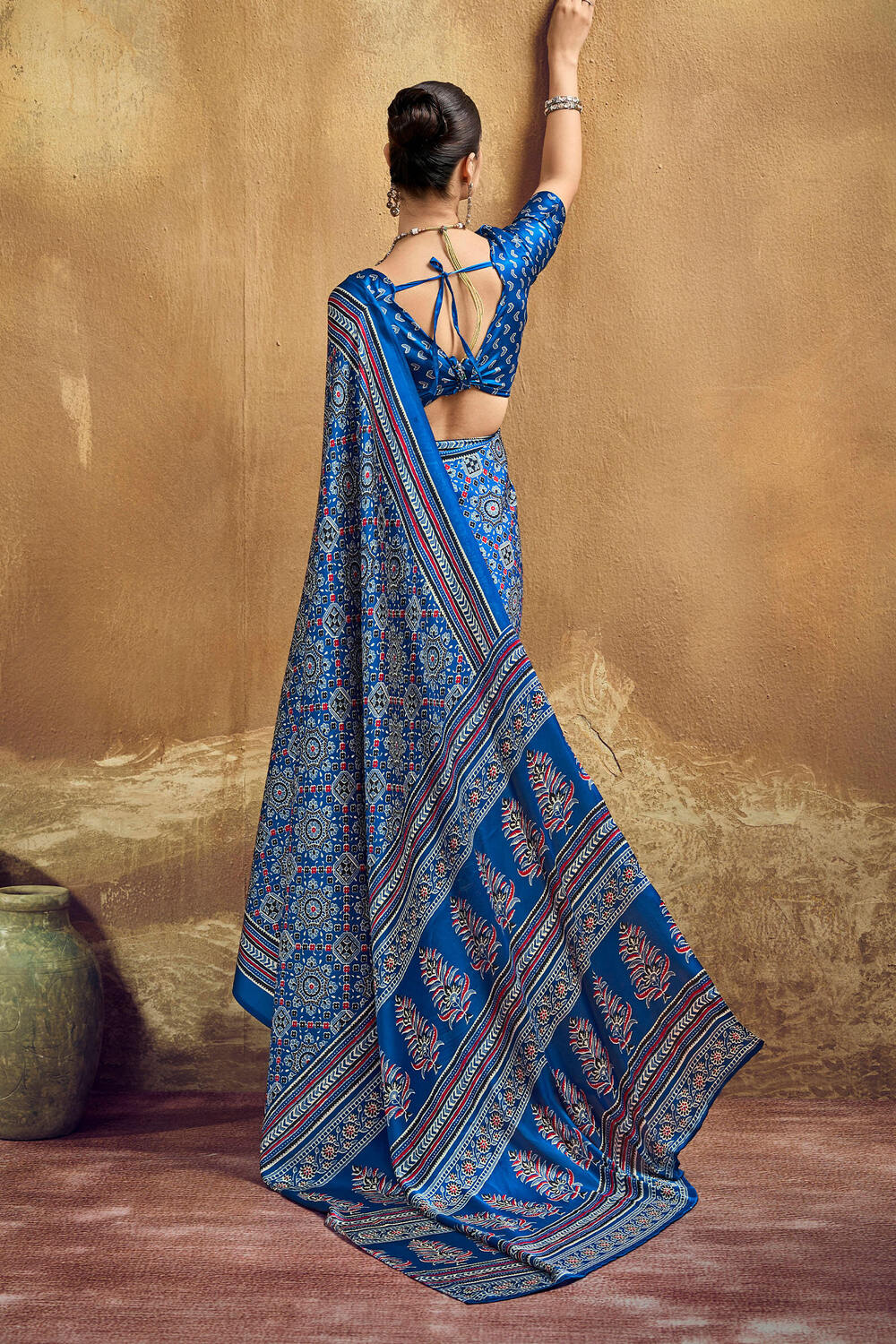 Regal Blue Ajrakh Printed Satin Silk Saree