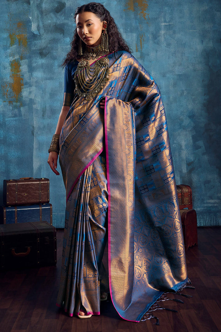 Regal Blue Zari Woven Kanjivaram Silk Saree