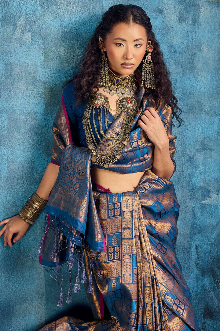 Regal Blue Zari Woven Kanjivaram Silk Saree