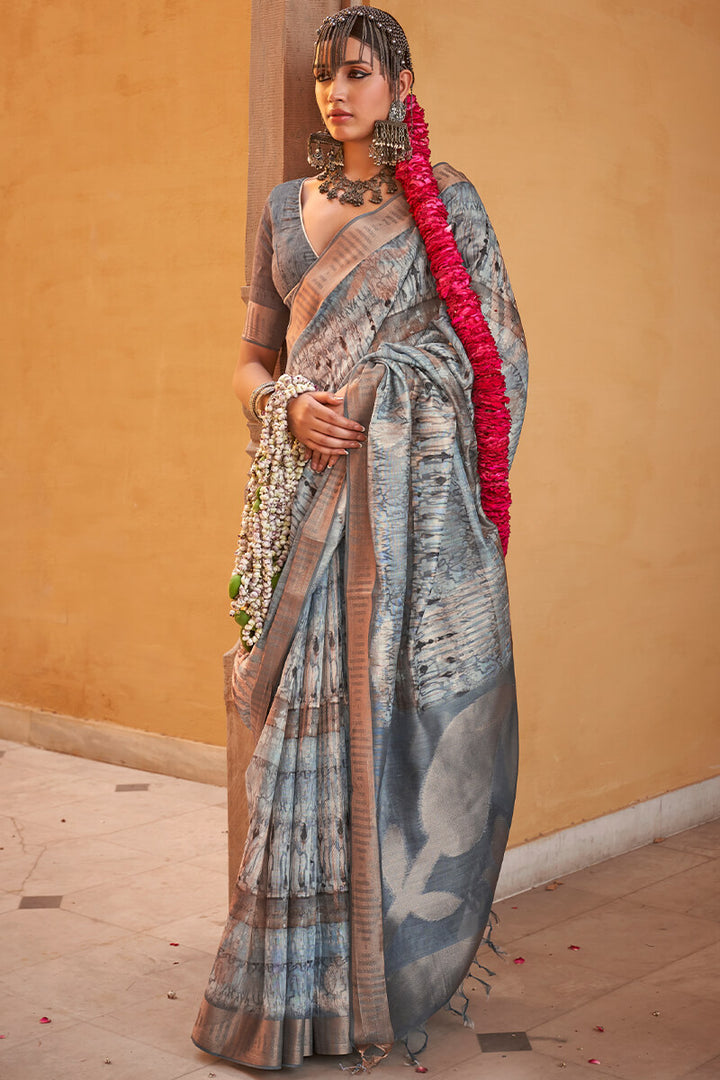 Regent Grey Digital Printed Linen Silk Saree
