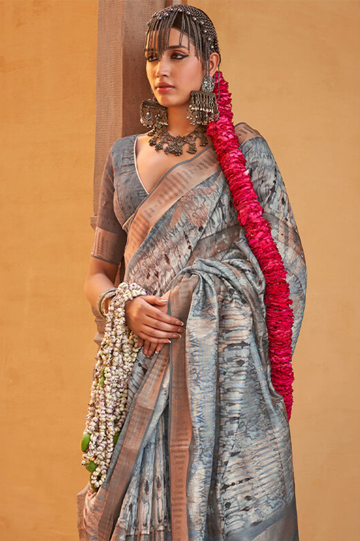 Regent Grey Digital Printed Linen Silk Saree