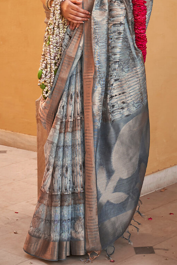 Regent Grey Digital Printed Linen Silk Saree