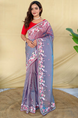 Regent Grey Embroiedery Work Two Tone Silk Saree