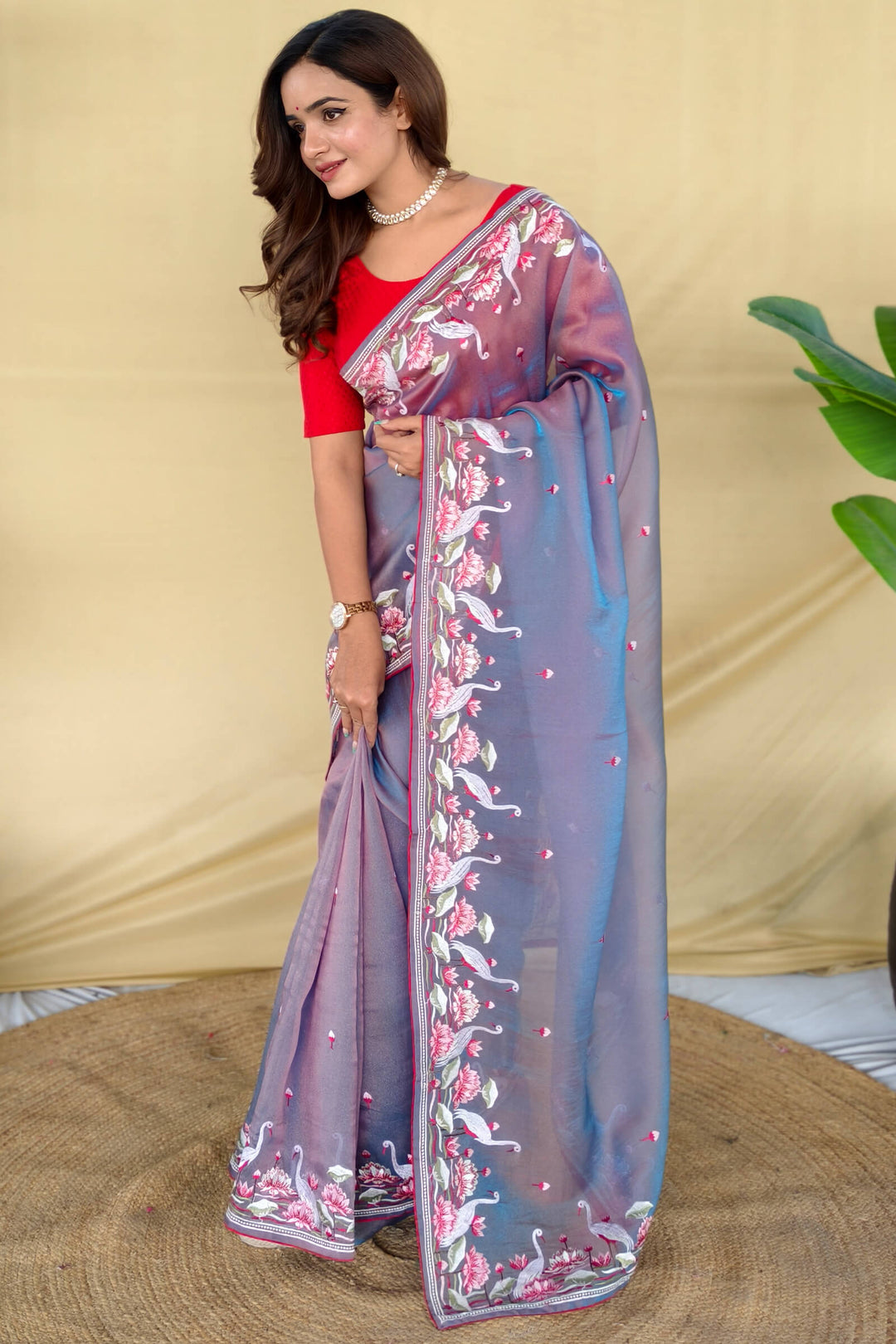 Regent Grey Embroiedery Work Two Tone Silk Saree