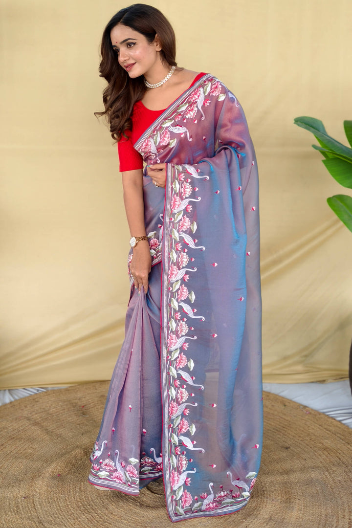 Regent Grey Embroiedery Work Two Tone Silk Saree