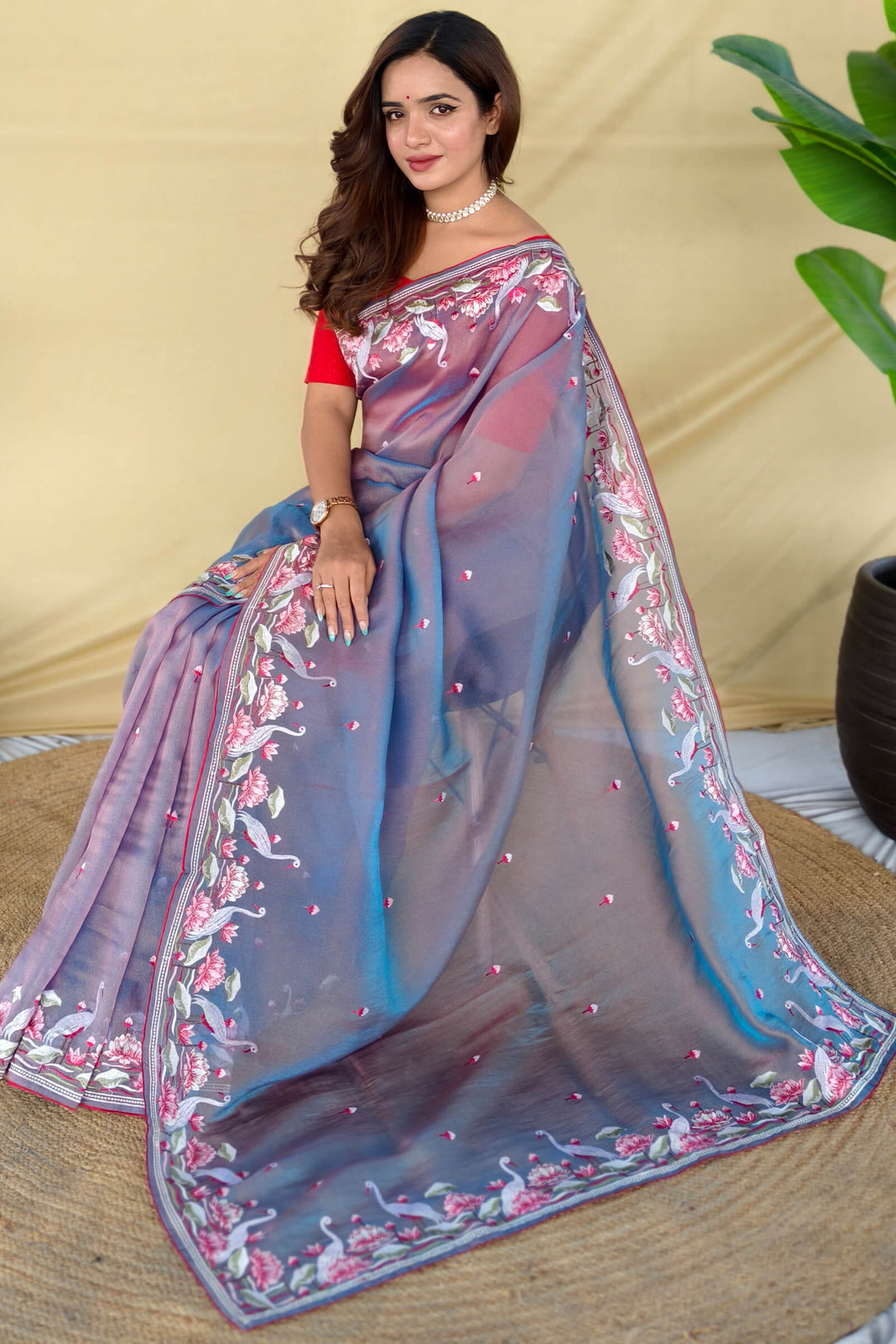 Regent Grey Embroiedery Work Two Tone Silk Saree