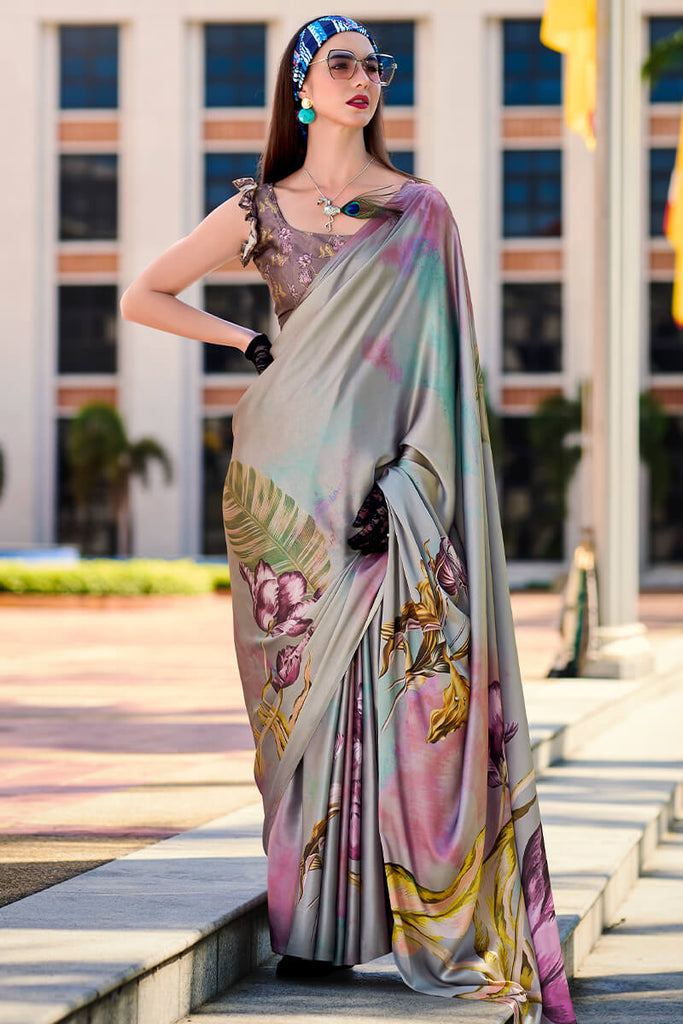 Regent Grey Printed Satin Crepe Silk Saree