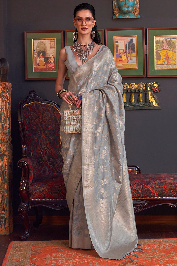 Regent Grey Zari Woven Banarasi Silk Saree