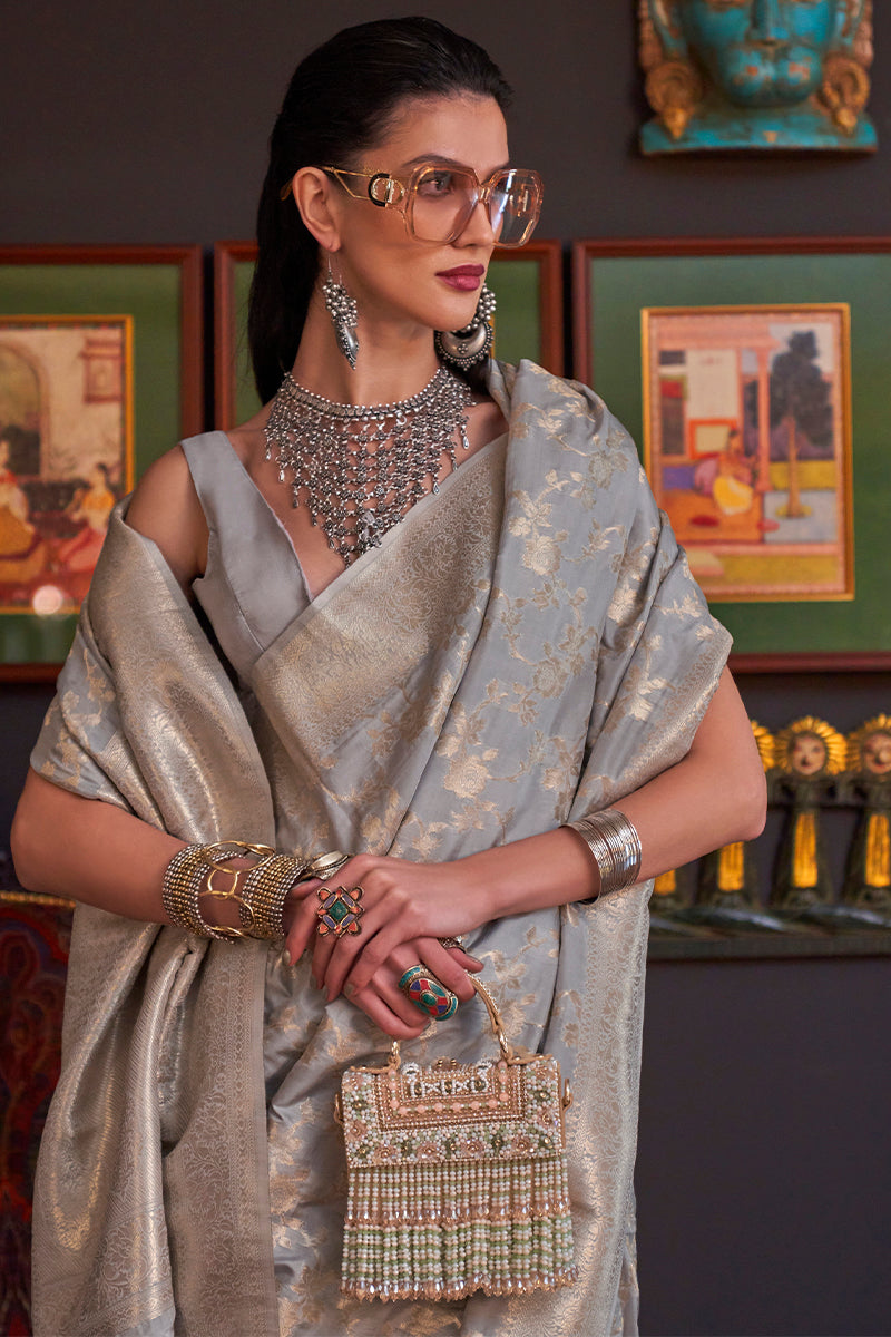 Regent Grey Zari Woven Banarasi Silk Saree