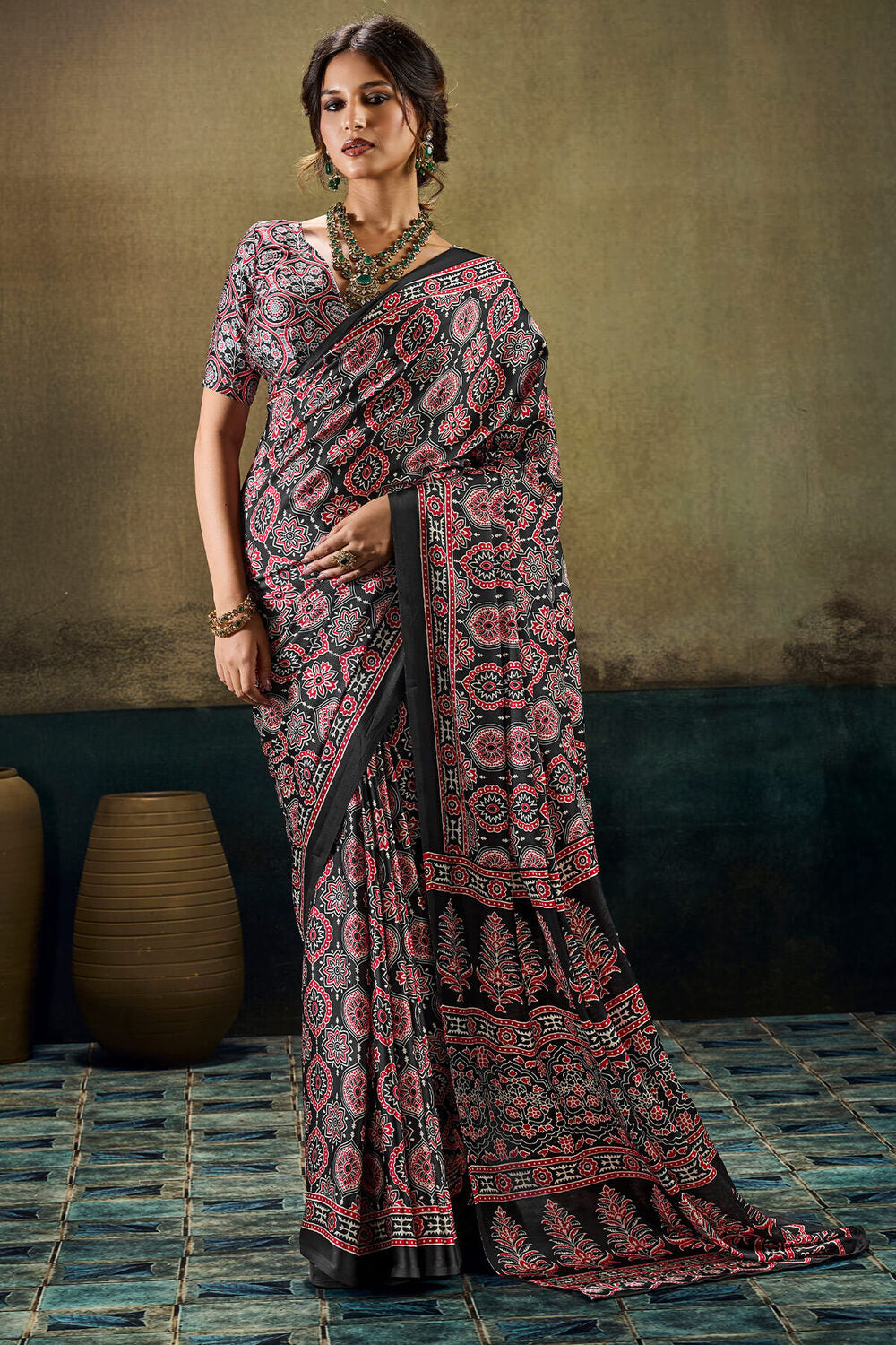 Retro Black Ajrakh Printed Semi Modal Satin Silk Saree