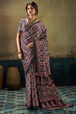 Retro Black Ajrakh Printed Semi Modal Satin Silk Saree