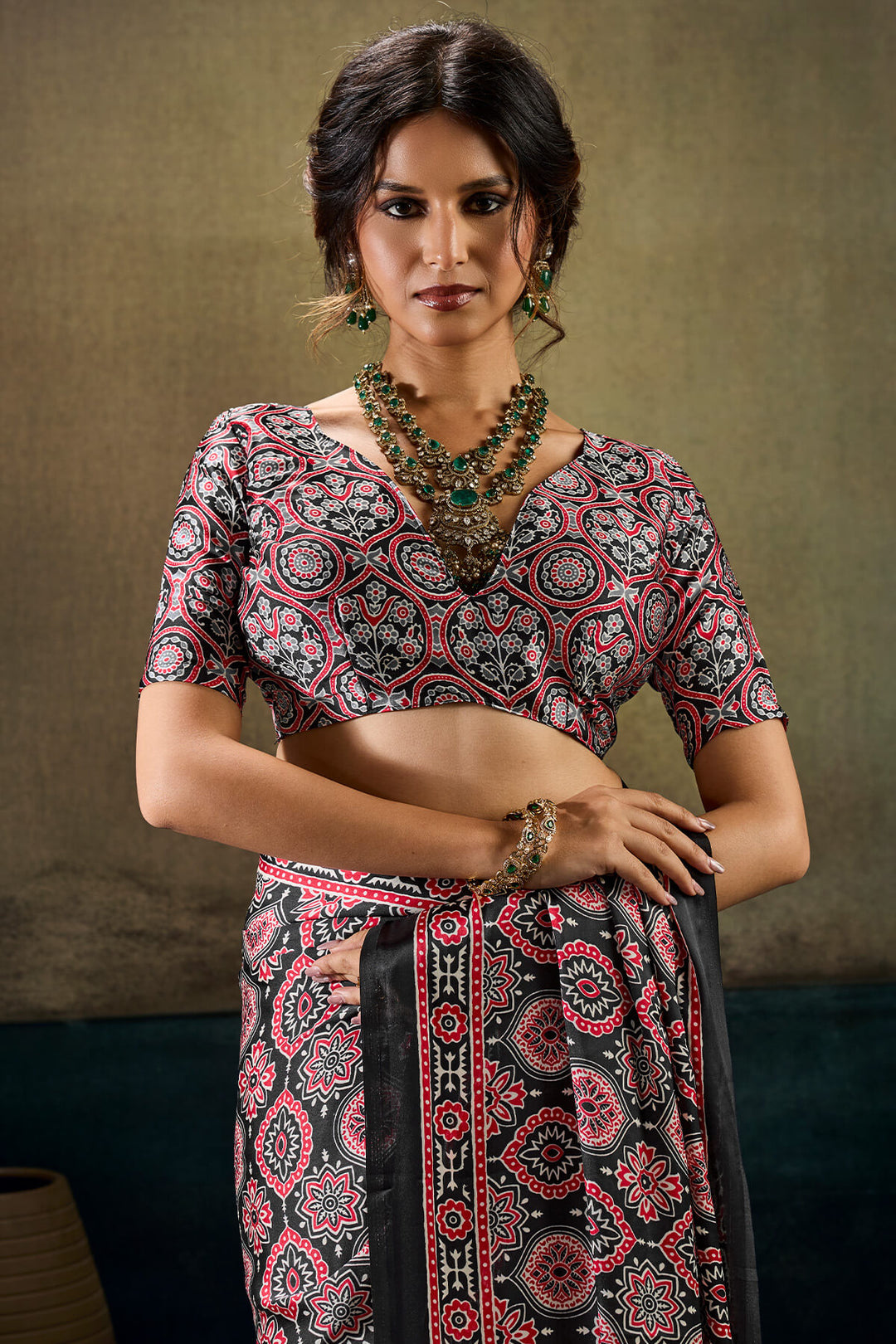 Retro Black Ajrakh Printed Semi Modal Satin Silk Saree