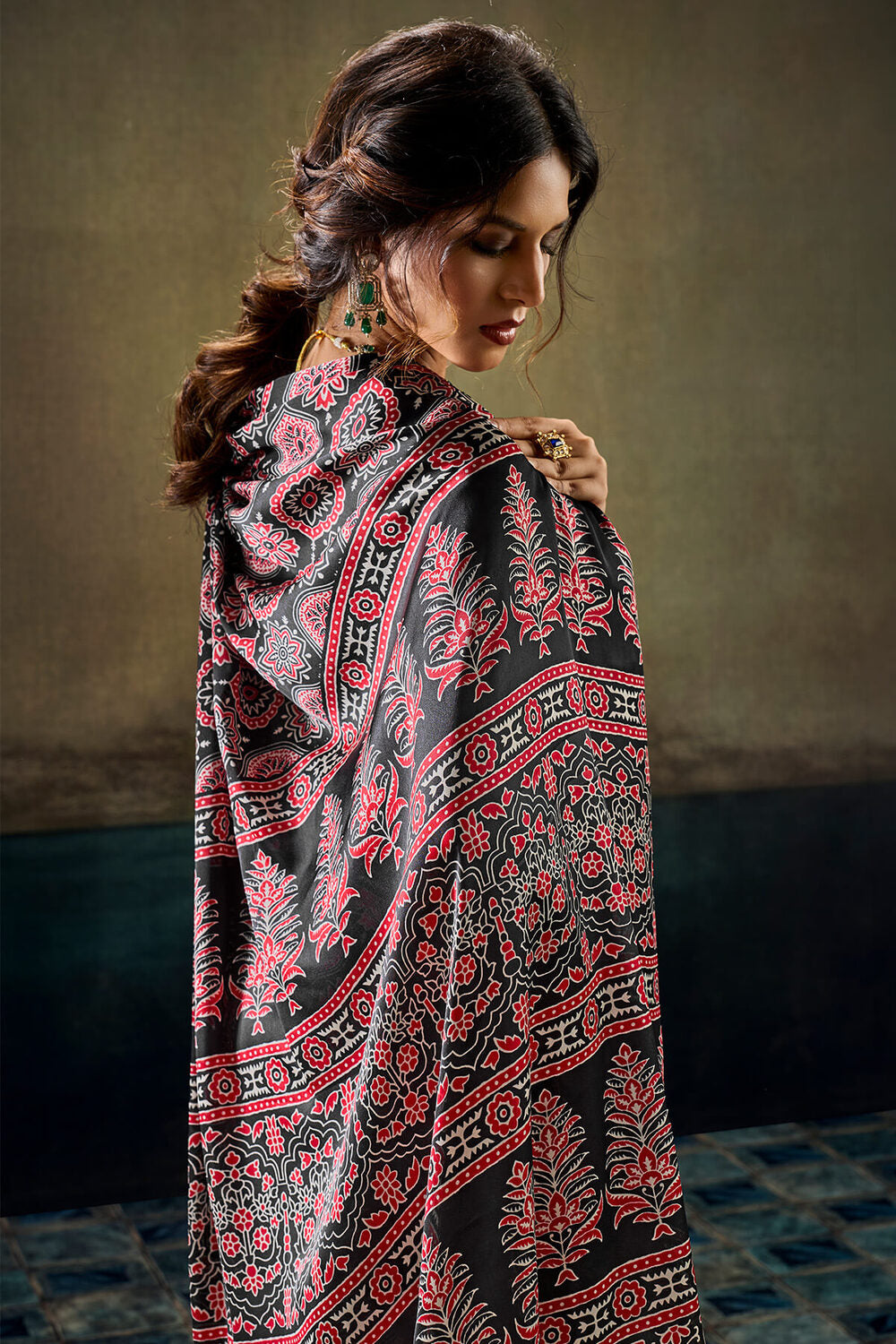 Retro Black Ajrakh Printed Semi Modal Satin Silk Saree