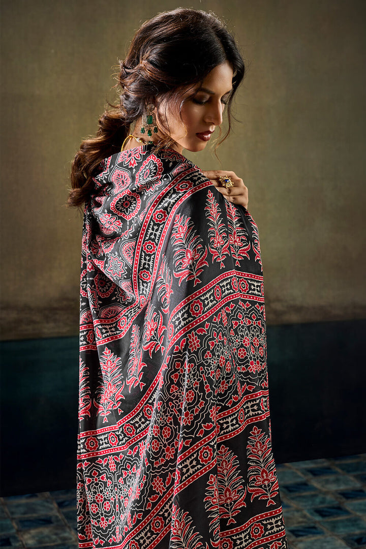 Retro Black Ajrakh Printed Semi Modal Satin Silk Saree