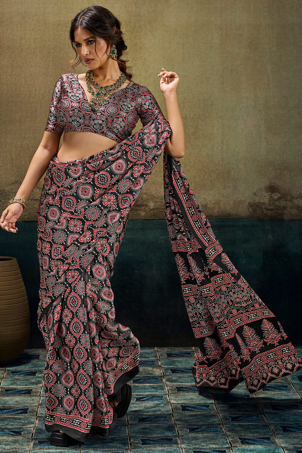 Retro Black Ajrakh Printed Semi Modal Satin Silk Saree