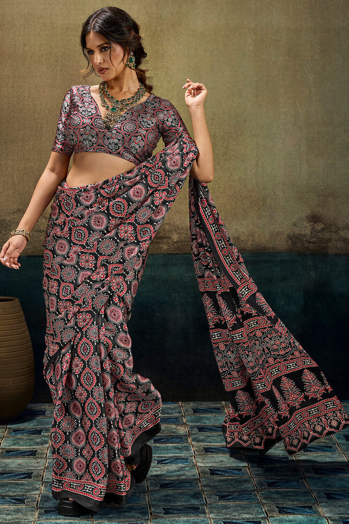 Retro Black Ajrakh Printed Semi Modal Satin Silk Saree