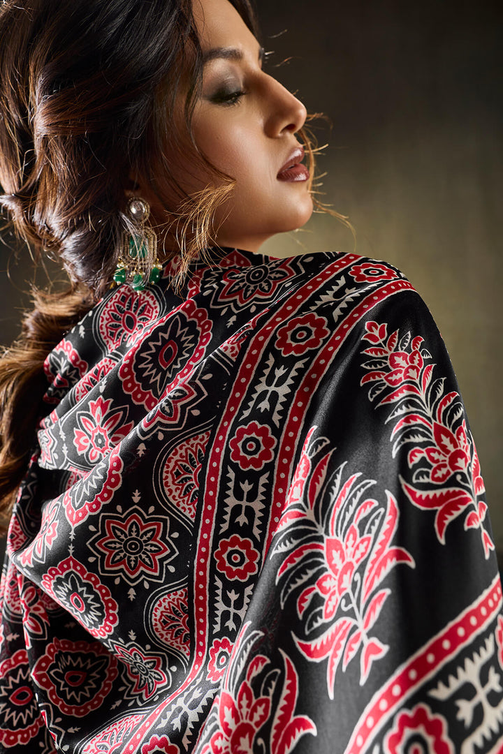 Retro Black Ajrakh Printed Semi Modal Satin Silk Saree