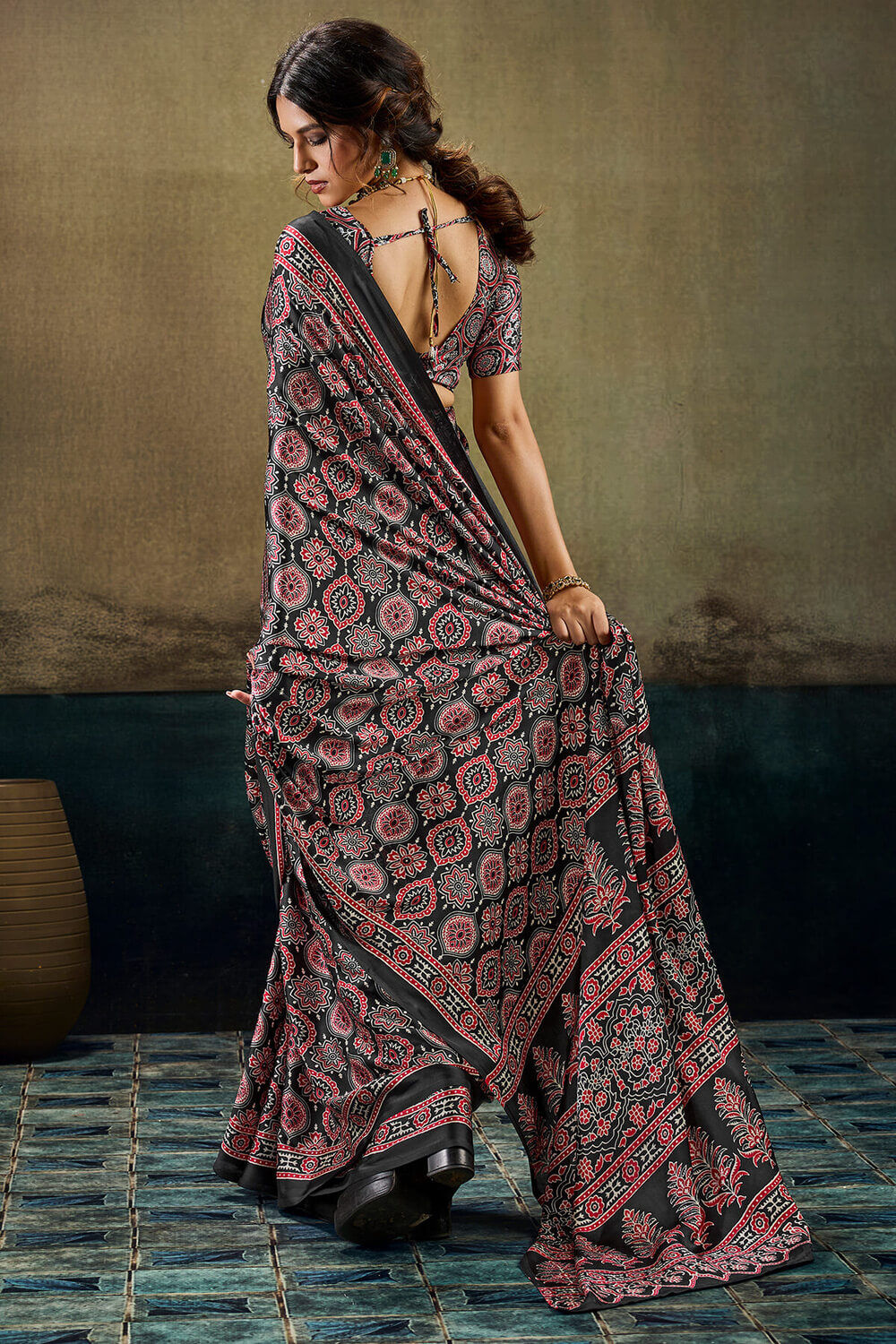 Retro Black Ajrakh Printed Semi Modal Satin Silk Saree