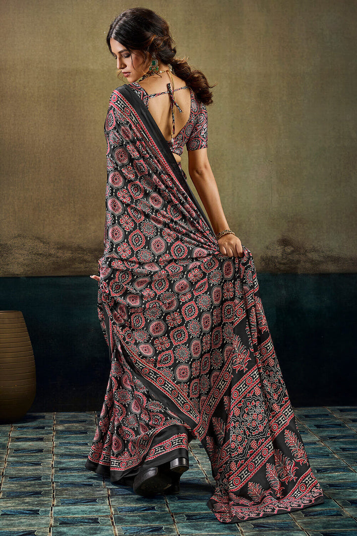 Retro Black Ajrakh Printed Semi Modal Satin Silk Saree