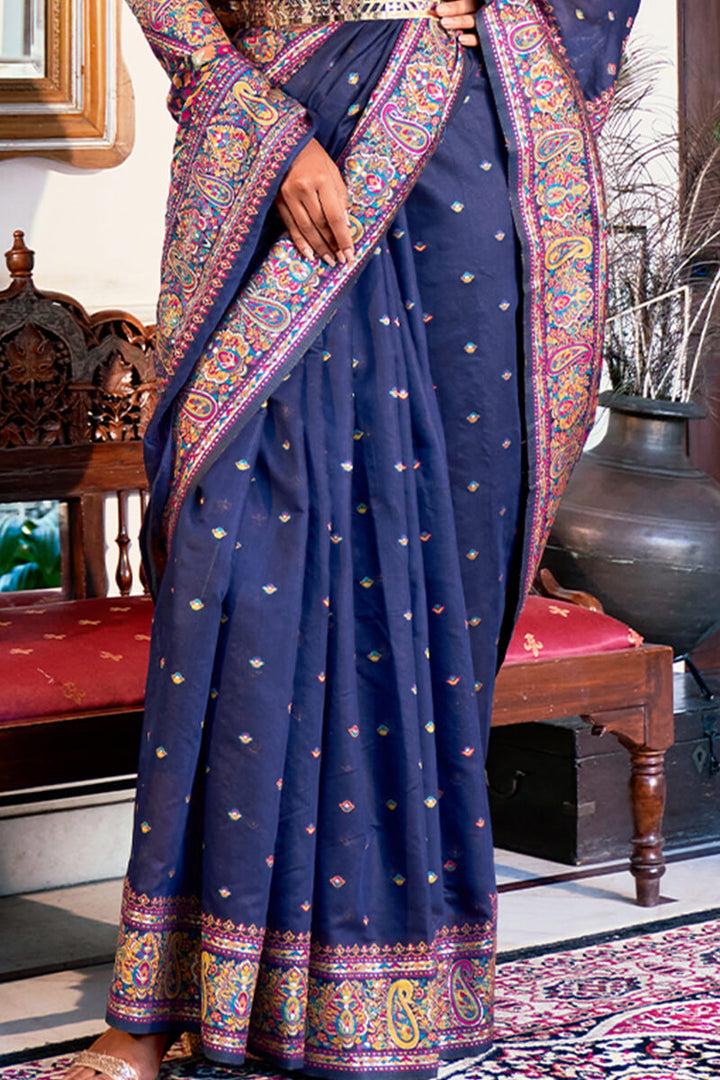 Rhino Blue Kashmiri Modal Pashmina Silk Saree