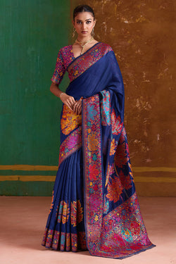 Rhino Blue Kashmiri Modal Pashmina Silk Saree