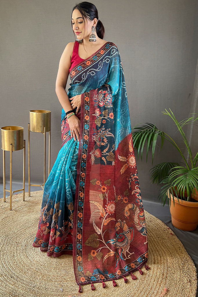 Rhino Blue Printed Cotton Silk Saree