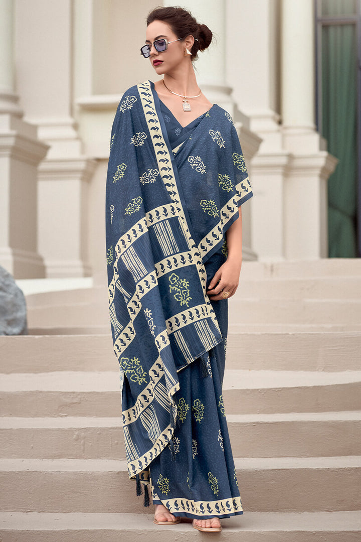 Rhino Blue Printed Mul cotton Saree