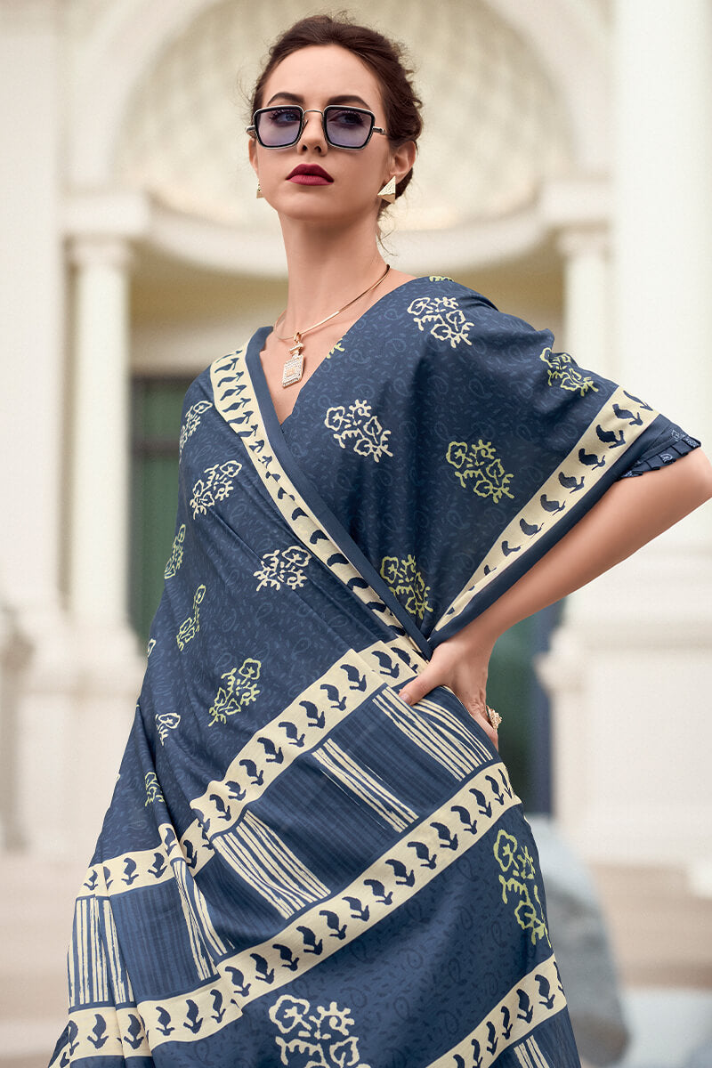 Rhino Blue Printed Mul cotton Saree