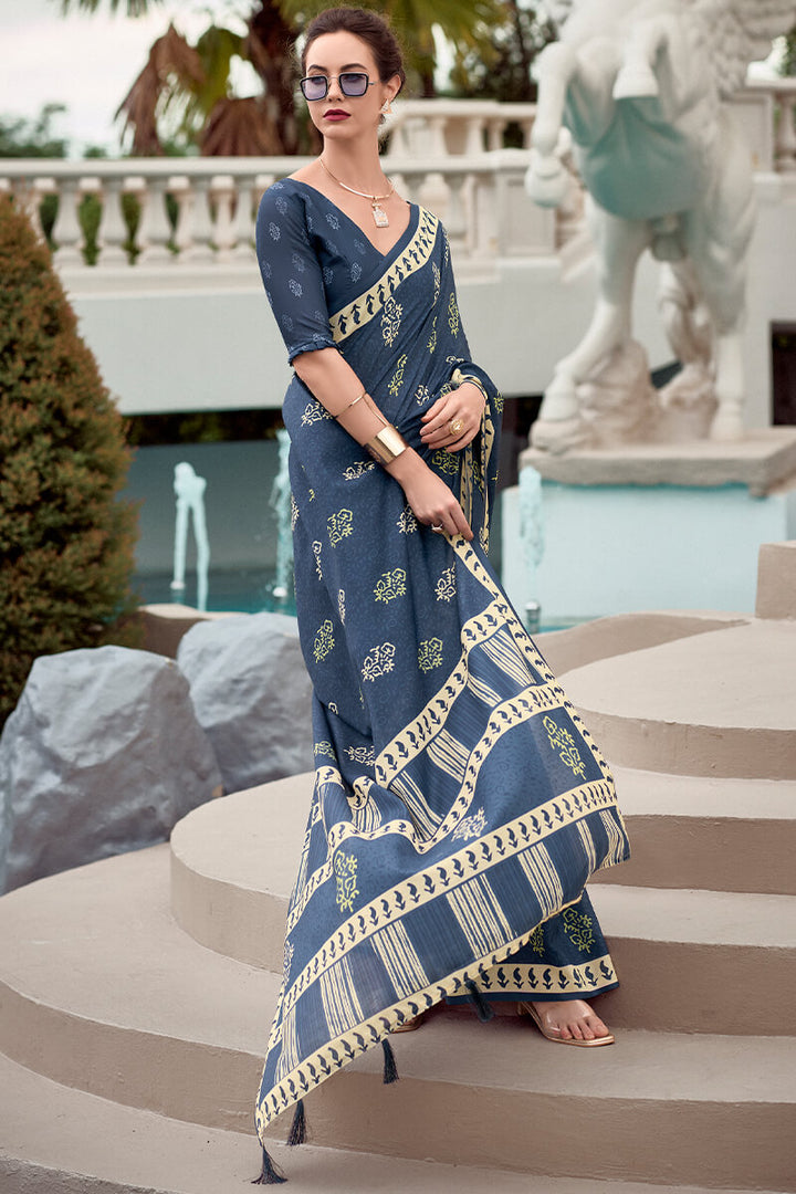 Rhino Blue Printed Mul cotton Saree