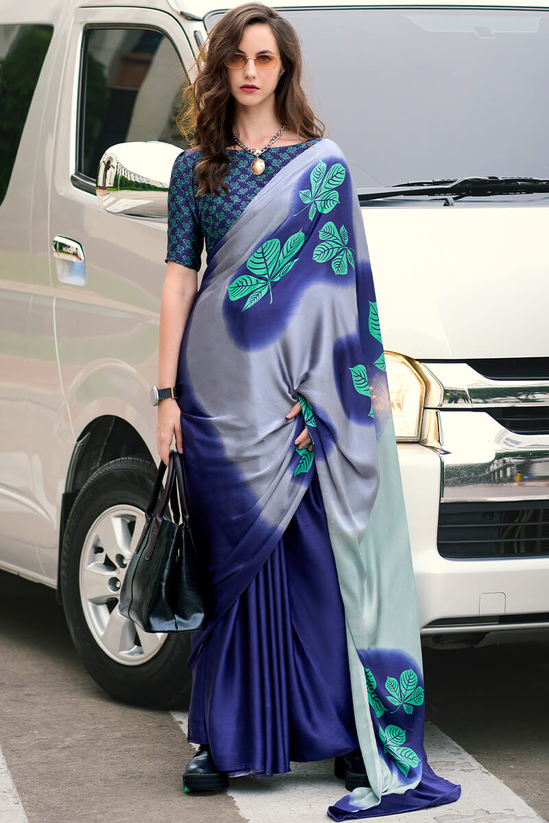 Rhino Blue Printed Satin Crape Silk Saree