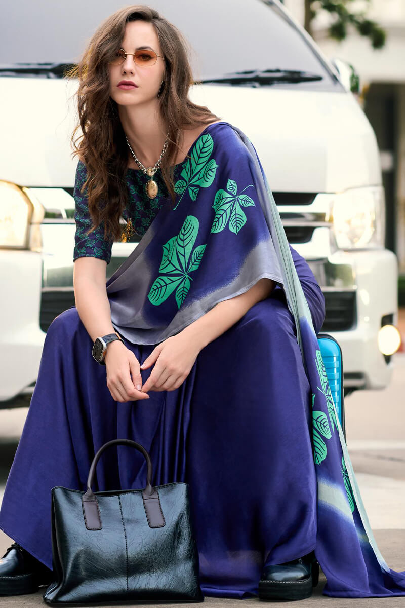 Rhino Blue Printed Satin Crape Silk Saree