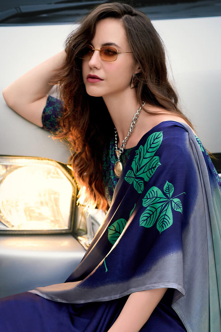 Rhino Blue Printed Satin Crape Silk Saree