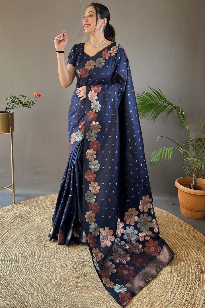 Rhino Blue Soft Banarasi Silk Saree