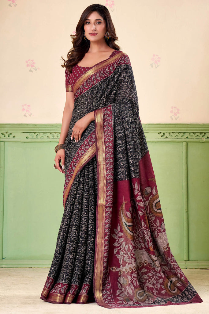 Rich Black Printed Mul cotton Silk Saree