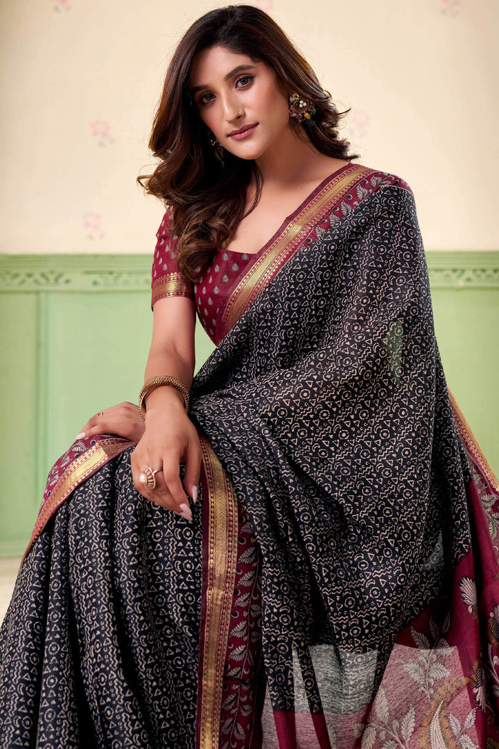 Rich Black Printed Mul cotton Silk Saree