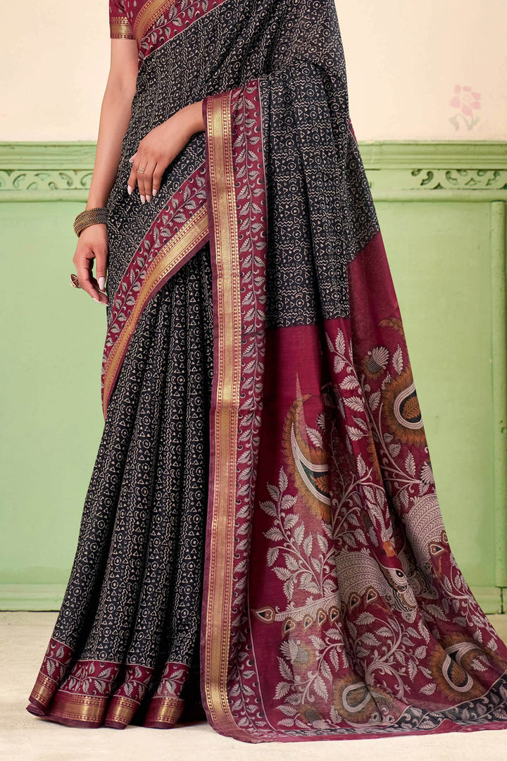 Rich Black Printed Mul cotton Silk Saree